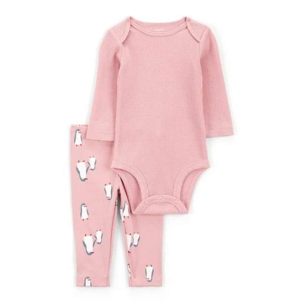 Carter's 3-Piece Bodysuit Pants Set Baby Girl Pink Penguin Waffle Knit NWT